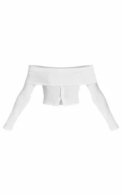PrettyLittleThing Foldover Button Detail Off The Shoulder Top White