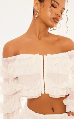 Hot PrettyLittleThing Frill Detail Bardot Top White