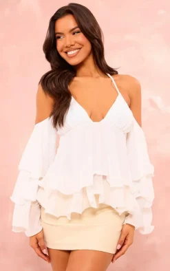 PrettyLittleThing Blouses*Frill Edge Bardot Sleeve Halterneck Top