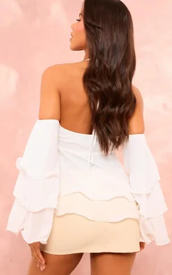 PrettyLittleThing Blouses*Frill Edge Bardot Sleeve Halterneck Top