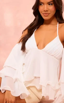 PrettyLittleThing Blouses*Frill Edge Bardot Sleeve Halterneck Top