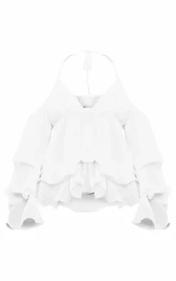 PrettyLittleThing Blouses*Frill Edge Bardot Sleeve Halterneck Top