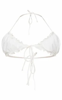 White Frill Edge Detail Tie Front Bikini Top