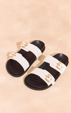 PrettyLittleThing Flat Sandals*Grain PU Round Toe Double Buckle Strap Footbed Sandals