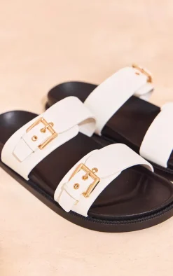 PrettyLittleThing Flat Sandals*Grain PU Round Toe Double Buckle Strap Footbed Sandals