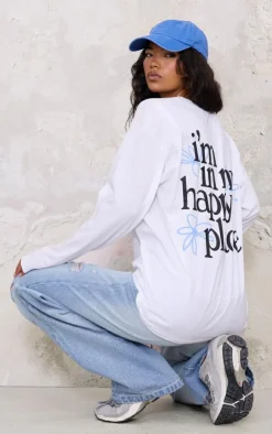 PrettyLittleThing T-Shirts*Happy Place Graphic Oversized Long Sleeve T Shirt