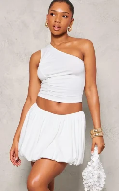 New PrettyLittleThing Jersey Ruched Detail One Shoulder Top White