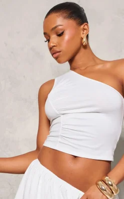 New PrettyLittleThing Jersey Ruched Detail One Shoulder Top White