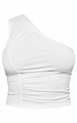 New PrettyLittleThing Jersey Ruched Detail One Shoulder Top White