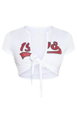 White Knot Front Short Sleeve 1908 Printed Crop