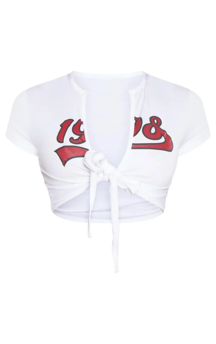 White Knot Front Short Sleeve 1908 Printed Crop