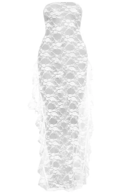 Lace Bandeau Split Leg Frill Edge Maxi Dress-PrettyLittleThing New