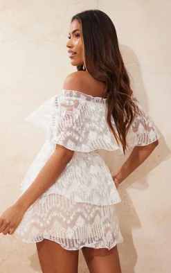 Lace Bardot Ruffle Tiered Dress-PrettyLittleThing Online