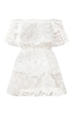 Lace Bardot Ruffle Tiered Dress-PrettyLittleThing Online