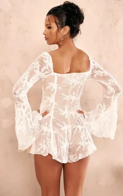 Lace Binding Detail Flare Sleeve Romper-PrettyLittleThing Online