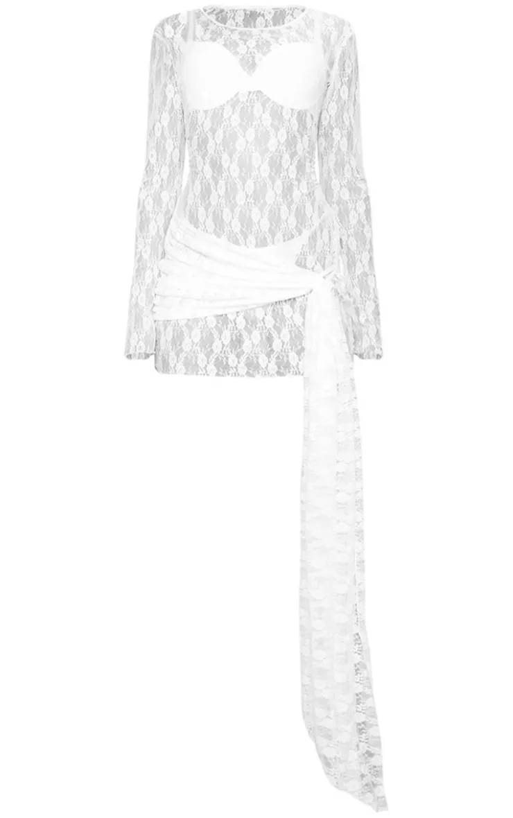 Lace Boat Neck Long Sleeve Wrap Bodycon Dress-PrettyLittleThing Sale