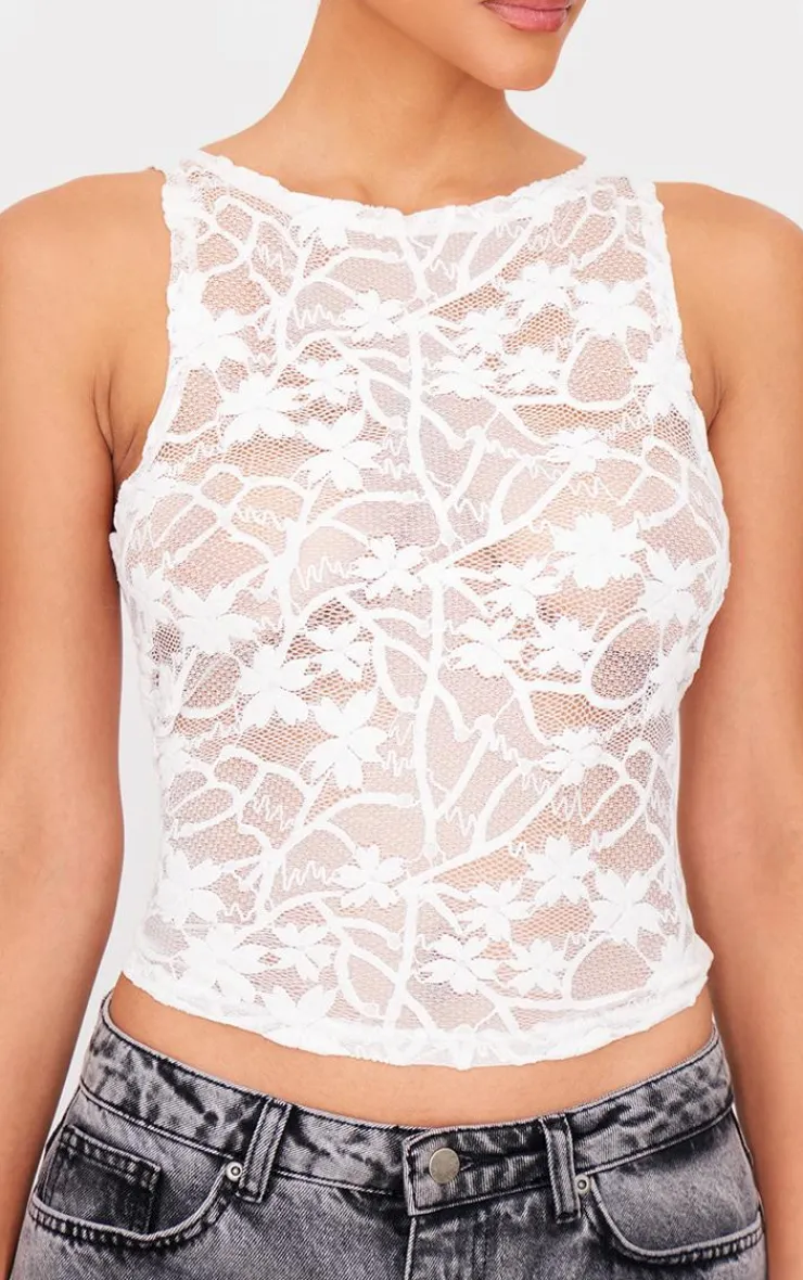 PrettyLittleThing Sleeveless Tops*Lace Boat Neck Long Top