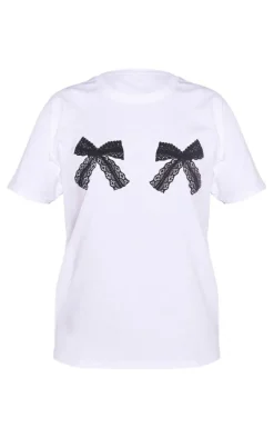 PrettyLittleThing T-Shirts*Lace Bow Print T Shirt