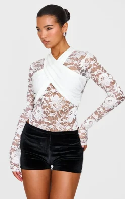 Lace Cross Front Bodysuit-PrettyLittleThing Discount