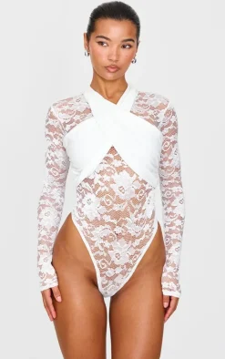 Lace Cross Front Bodysuit-PrettyLittleThing Discount