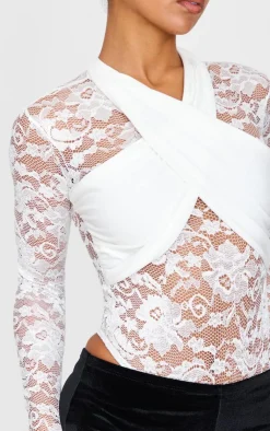 Lace Cross Front Bodysuit-PrettyLittleThing Discount