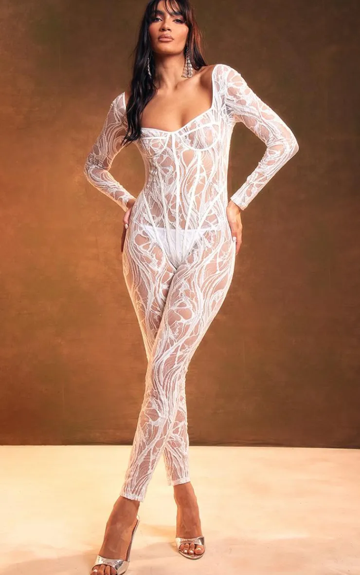 Lace Diamante Underwired Long Sleeve Jumpsuit-PrettyLittleThing Best