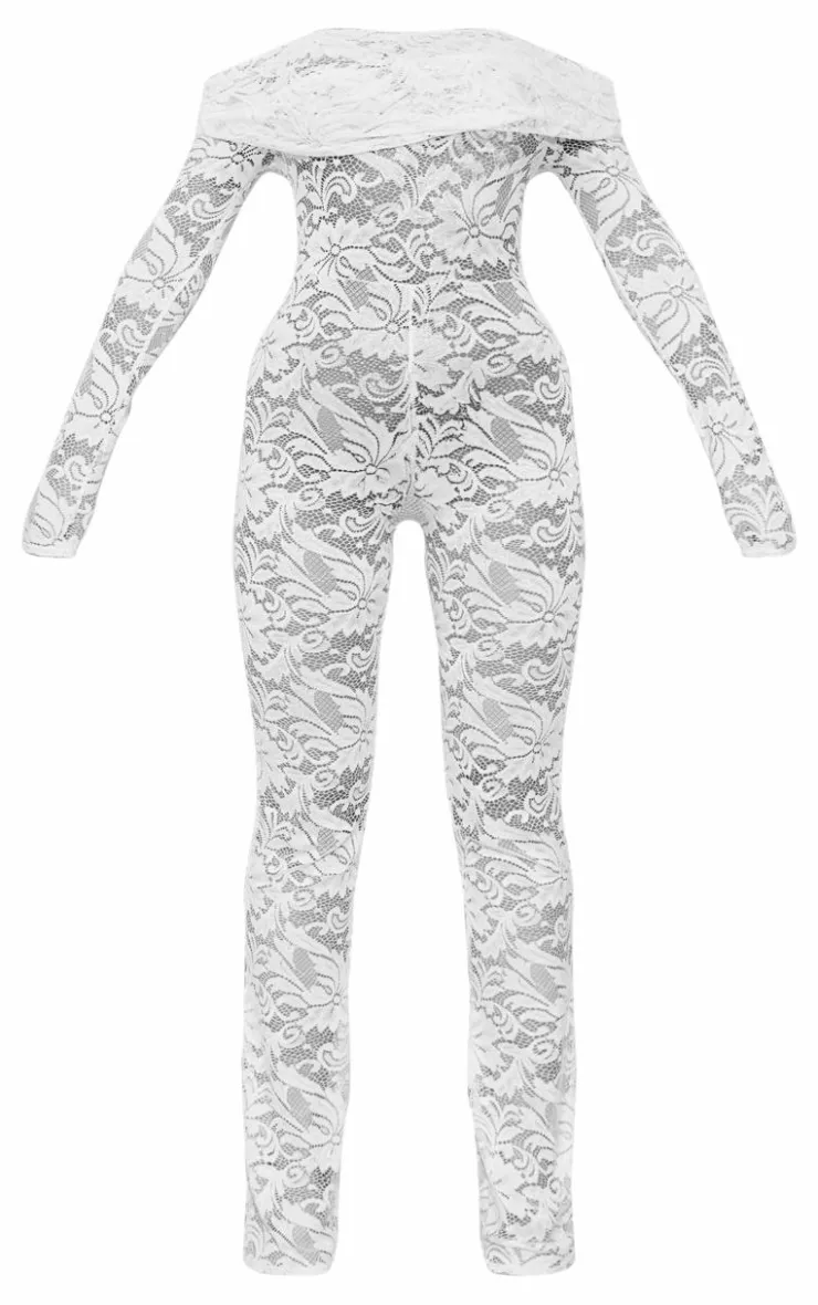 Lace Foldover Bardot Long Sleeve Jumpsuit-PrettyLittleThing