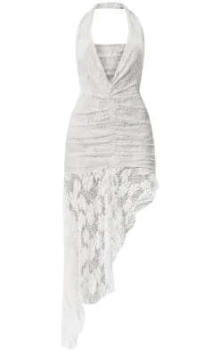 Lace Plunge Neck Ruched Asymmetric Hem Midi Dress-PrettyLittleThing Online