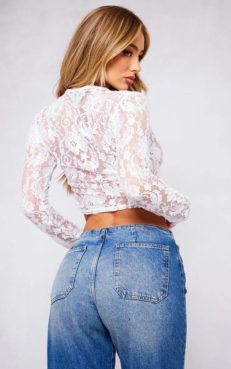 Lace Tie Front Long Sleeve Top-PrettyLittleThing Discount