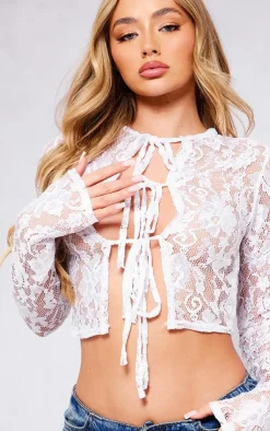 Lace Tie Front Long Sleeve Top-PrettyLittleThing Discount