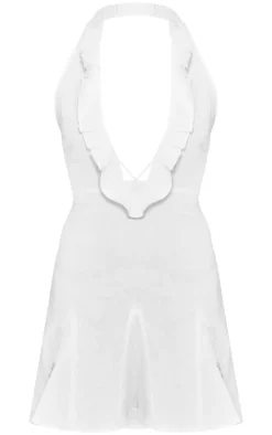 Linen Frill Neck Cross Front Mini Dress-PrettyLittleThing New