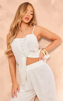 Online PrettyLittleThing Linen Look Button Pocket Detail Longline Top White