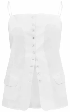 Online PrettyLittleThing Linen Look Button Pocket Detail Longline Top White