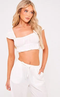 PrettyLittleThing Linen Look Cap Sleeve Ruched Crop Top White