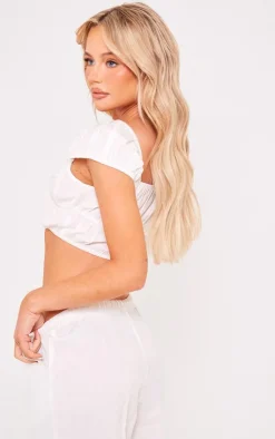 PrettyLittleThing Linen Look Cap Sleeve Ruched Crop Top White