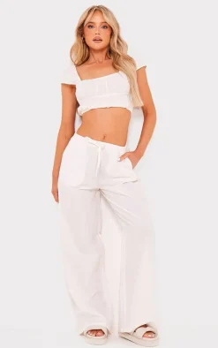 PrettyLittleThing Linen Look Cap Sleeve Ruched Crop Top White