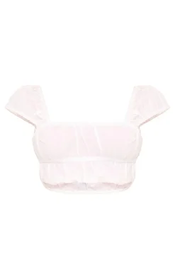 PrettyLittleThing Linen Look Cap Sleeve Ruched Crop Top White