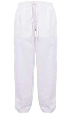 White Linen Look Drawstring Waist Pants