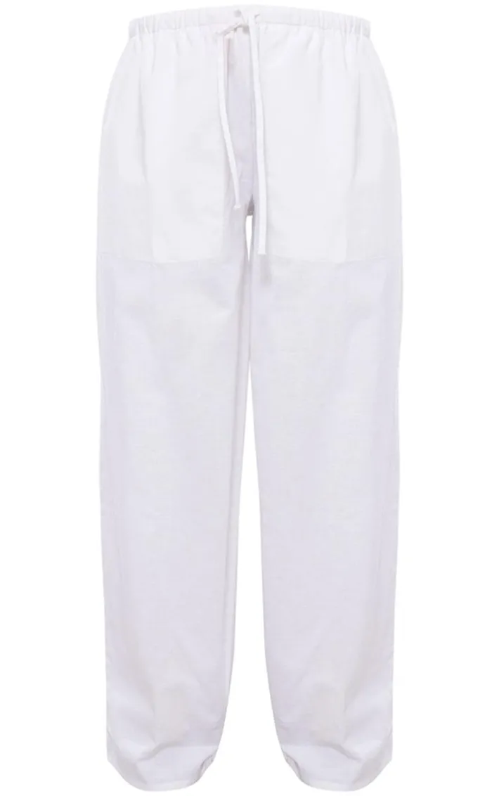 White Linen Look Drawstring Waist Pants