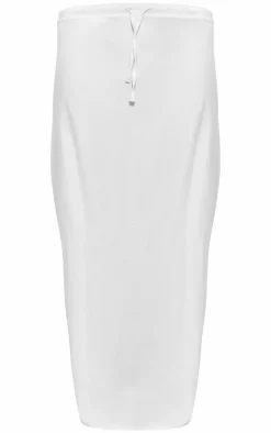 White Linen Look Drawstring Waist Midaxi Skirt