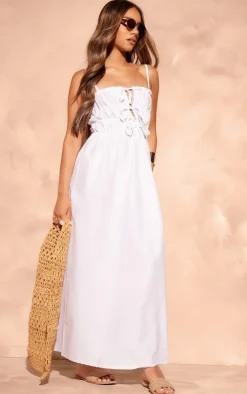 Linen Look Elastic Gathered Maxi Dress-PrettyLittleThing Hot