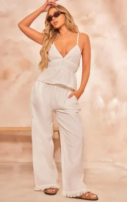 Online PrettyLittleThing Linen Look Frayed Hem Wide Leg Pants White