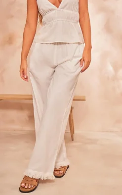 Online PrettyLittleThing Linen Look Frayed Hem Wide Leg Pants White