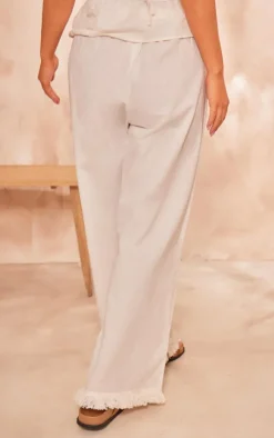Online PrettyLittleThing Linen Look Frayed Hem Wide Leg Pants White