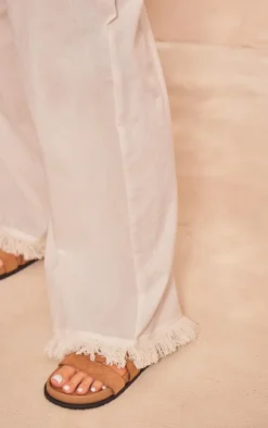 Online PrettyLittleThing Linen Look Frayed Hem Wide Leg Pants White
