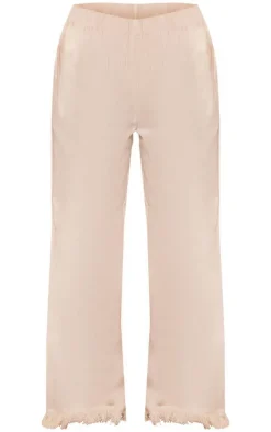 Online PrettyLittleThing Linen Look Frayed Hem Wide Leg Pants White