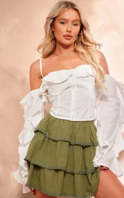 PrettyLittleThing Corsets*Linen Look Hook & Eye Frill Sleeve Corset Top
