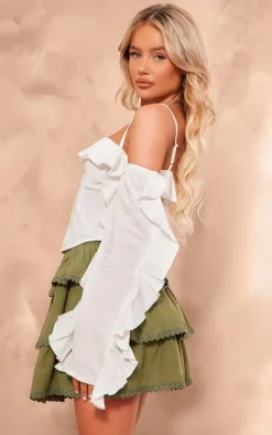 PrettyLittleThing Corsets*Linen Look Hook & Eye Frill Sleeve Corset Top