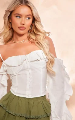 PrettyLittleThing Corsets*Linen Look Hook & Eye Frill Sleeve Corset Top