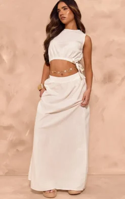 Sale PrettyLittleThing Linen Look Low Rise Floaty Maxi Skirt White